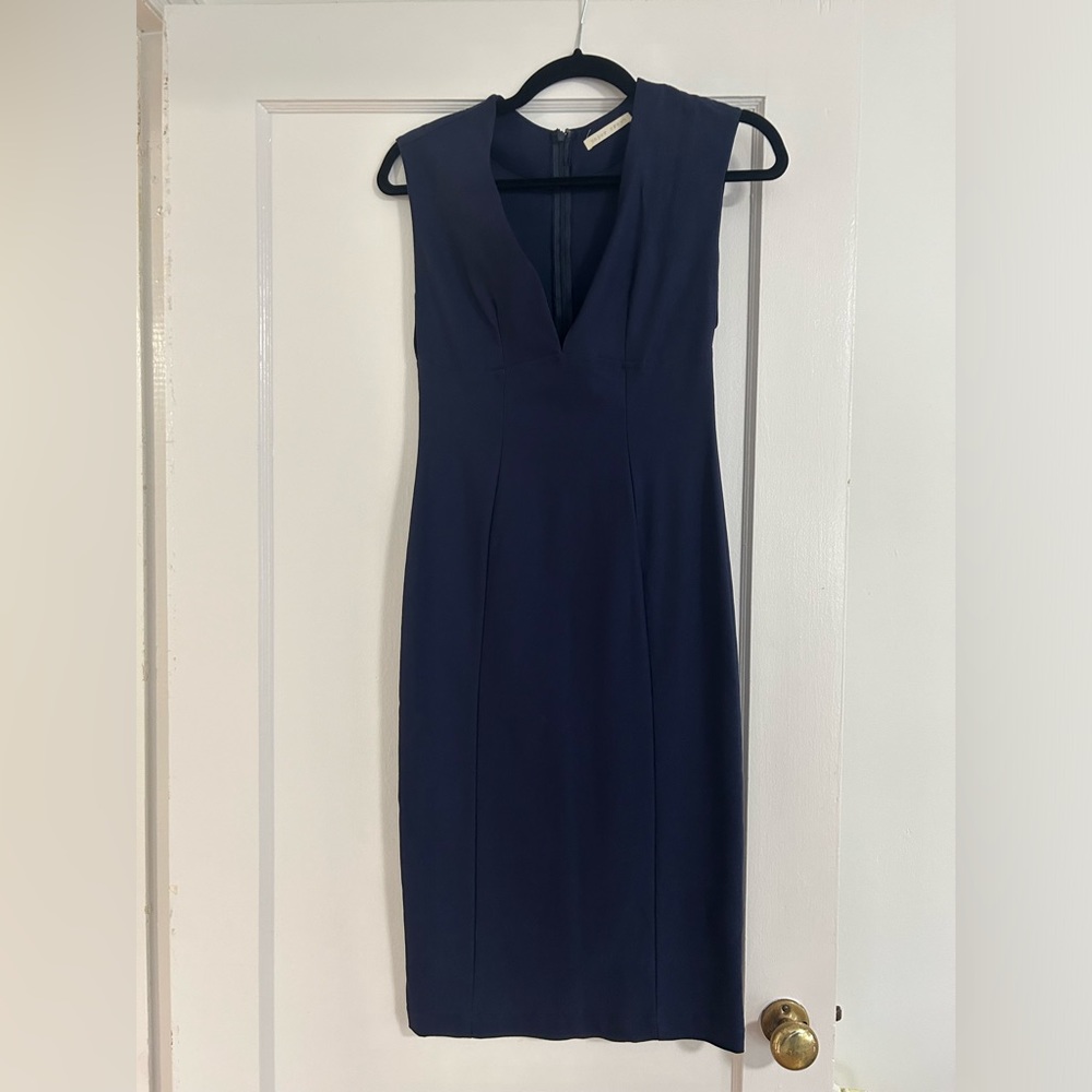 Navy blue midi sleeveless dress, plunge neck